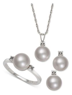 Macy's Cultured Freshwater Pearl (8mm) and White Topaz (1/4 ct. t.w.) Jewelry Set in Sterling Silver