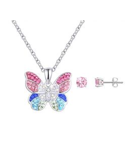 Fine Silver Plated Crystal Butterfly Pendant Necklace & Stud Earrings Set