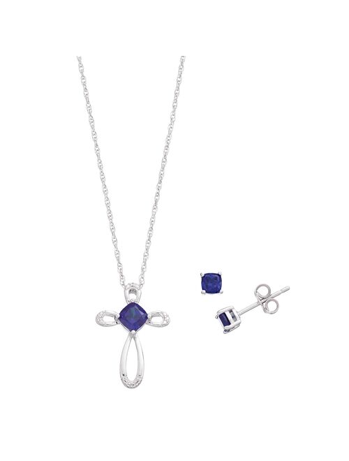 Made For You Sterling Silver Lab-Created Sapphire & Lab-Grown Diamond Accent Cross Pendant & Earring Set