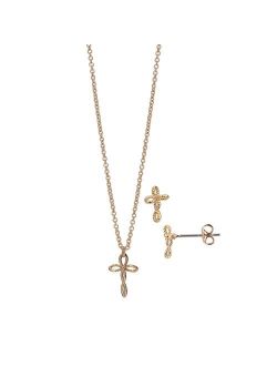 FAO Schwarz Gold Tone Open Cross Pendant Necklace & Earring Set