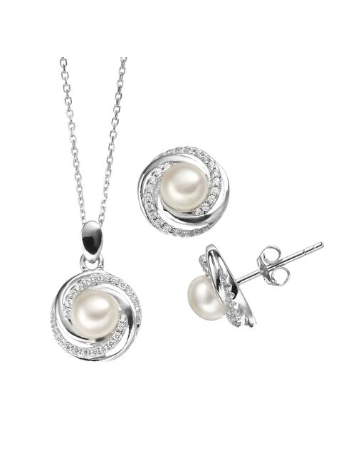 Freshwater Cultured Pearl & Cubic Zirconia Sterling Silver Halo Pendant Necklace & Button Stud Earring Set