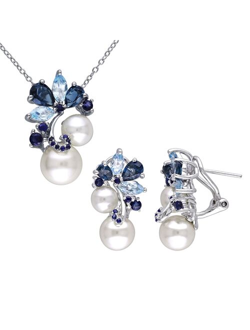 Stella Grace Sterling Silver Freshwater Cultured Pearl & Blue Topaz Pendant & Earring Set