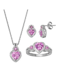 Lab-Created Pink Sapphire Sterling Silver Heart Necklace, Ring & Stud Earring Set