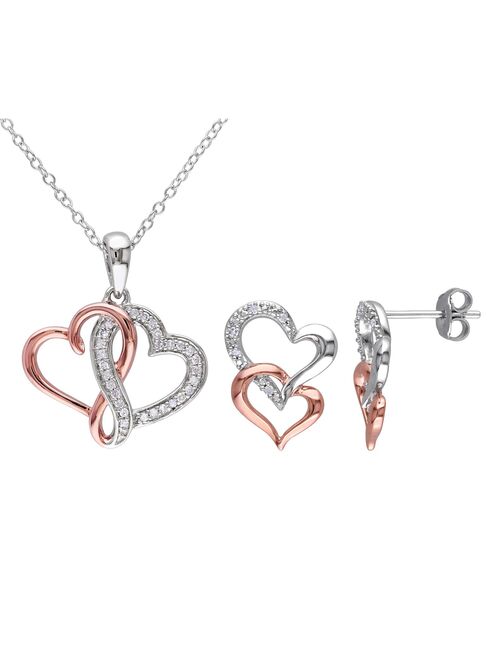Stella Grace Two Tone Sterling Silver 1/5 Carat T.W. Diamond Linked Heart Earrings & Pendant Necklace Set