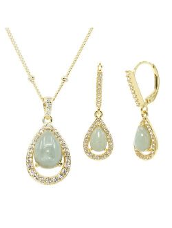 18k Gold Over Silver Jade & Lab-Created White Sapphire Teardrop Pendant & Earring Set