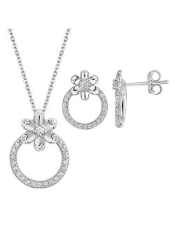 Sterling Silver Cubic Zirconia Flower Circle Pendant Necklace & Stud Earring Set