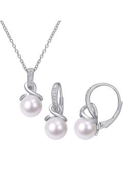 Stella Grace Sterling Silver Freshwater Cultured Pearl & 1/10 Carat T.W. Diamond Pendant & Earring Set