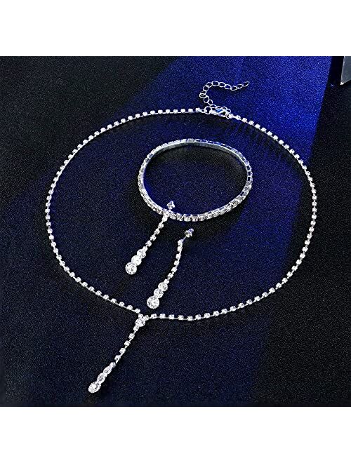 CASSIECA Silver Bridal Jewelry Set Rhinestone Necklace Bracelet Dangle Earrings for Bride Bridesmaid Teardrop Pendant Crystal Wedding Prom Jewelry Accessories for Women