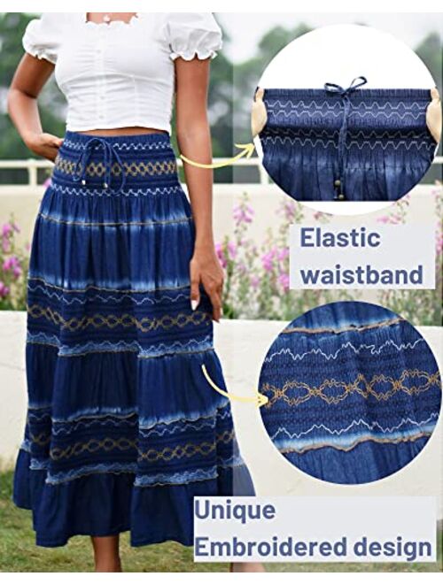 DREFBUFY Maxi Skirt, Womens High Waist Tiered Long Skirts Denim Elastic Casual Midi Dress