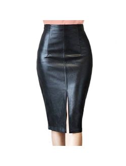 RAMISU Faux Leather Pencil Skirt High Waist Split Lady's Half Body Midi Hip Skirt