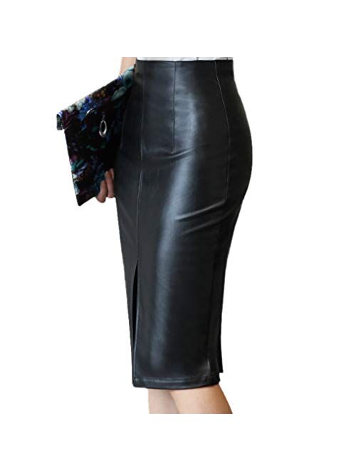 RAMISU Faux Leather Pencil Skirt High Waist Split Lady's Half Body Midi Hip Skirt