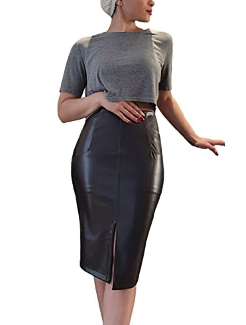 RAMISU Faux Leather Pencil Skirt High Waist Split Lady's Half Body Midi Hip Skirt