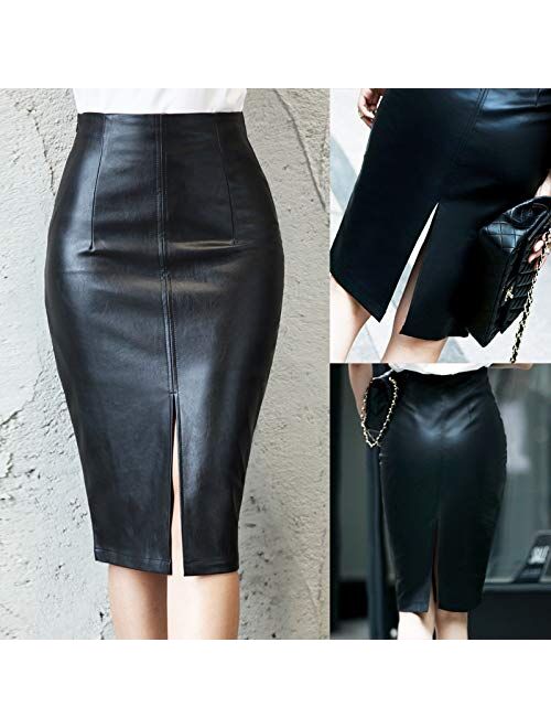RAMISU Faux Leather Pencil Skirt High Waist Split Lady's Half Body Midi Hip Skirt
