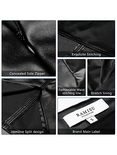 RAMISU Faux Leather Pencil Skirt High Waist Split Lady's Half Body Midi Hip Skirt