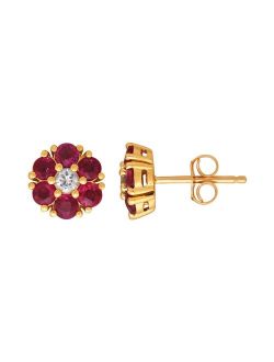 10k Gold Ruby & White Sapphire Flower Stud Earrings
