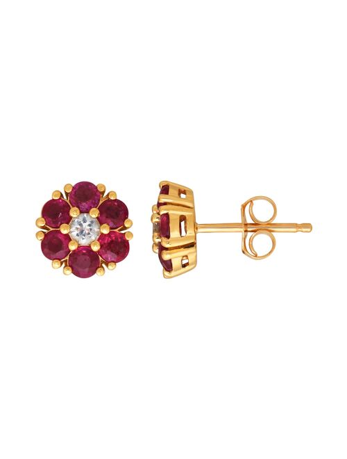 10k Gold Ruby & White Sapphire Flower Stud Earrings