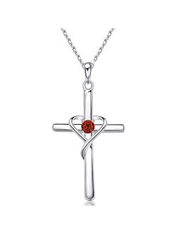 AmorAime 925 Sterling Silver Cross Necklace for Women Men 5A CZ Birthstone Necklaces for Teen Girls Gifts for Mother's Day, Birthday or Anniversary by AmorAime