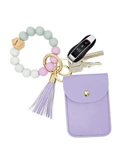 Tsnsoeeo Wristlet Keychain Bracelet Wallet, Key Ring Silicone Bead Bangle, Tassel Card Pocket Key Chains for Woman