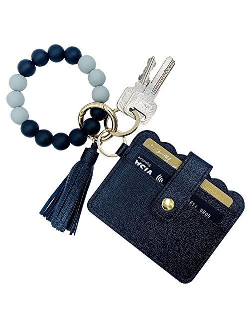 Tsnsoeeo Wristlet Keychain Bracelet Wallet, Key Ring Silicone Bead Bangle, Tassel Card Pocket Key Chains for Woman