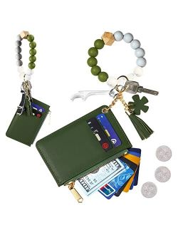 DOMUUH Wristlet Bracelet Keychain Wallet, Pocket Credit Card Holder Purse Tassel Key Chain Bangle Key Ring for Women