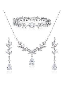 SWEETV Bridal Jewelry Set for Wedding, Cubic Zirconia Necklace Dangle Earrings Bracelet Set, Teardrop Marquise Brides Bridesmaids Wedding Prom Jewelry Sets for Women