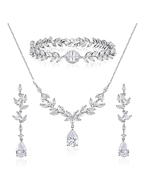 SWEETV Bridal Jewelry Set for Wedding, Cubic Zirconia Necklace Dangle Earrings Bracelet Set, Teardrop Marquise Brides Bridesmaids Wedding Prom Jewelry Sets for Women