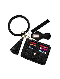 Hommtina Wristlet Circle Key Ring Bangle Card Pocket Zippered Wallet Bracelet Keychain with Chapstick Holder