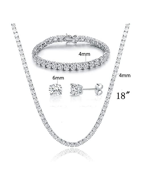 Gemsme 18K White Gold Plated Tennis Necklace/Bracelet/Earrings Sets Pack of 3