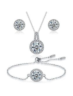 1tep Bridal Wedding Jewelry Sets Necklace and Bracelet and Earrings Hypoallergenic Crystal Rhinestone Necklace Earrings Bracelet Jewelry Set Wedding Prom, silver, (BG-001