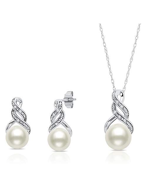 1/20 Carat Natural Diamond and Cultured Freshwater Pearl Drop Earrings and Pendant Necklace for Women in 925 Sterling Silver (I2-I3, 0.05 cttw) Jewelry Set by MAX + STONE