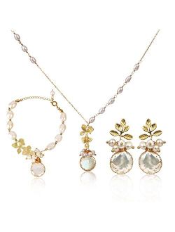 ELEXIS 18k Gold Big Baroque Pearl Earrings Bracelet Necklace Set For Women Dangle Handmade Trendy Wedding White Real Freshwater Pearls Hanging Earrings For Girl Brides En