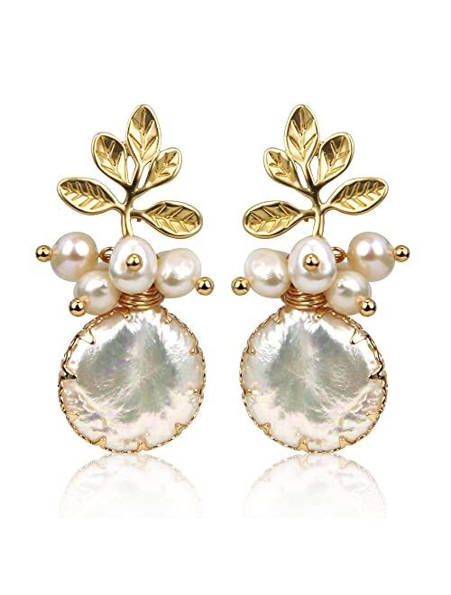 ELEXIS 18k Gold Big Baroque Pearl Earrings Bracelet Necklace Set For Women Dangle Handmade Trendy Wedding White Real Freshwater Pearls Hanging Earrings For Girl Brides En