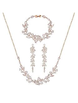 SWEETV Bridal Jewelry Set for Wedding, 3-Pcs Long Floral Necklace Earring Bracelet Sets for Brides, Bridesmaids, Elegant Marquise and Cubic Zirconia Jewelry Set for Women