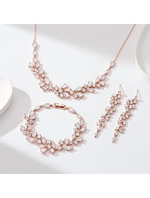 SWEETV Bridal Jewelry Set for Wedding, 3-Pcs Long Floral Necklace Earring Bracelet Sets for Brides, Bridesmaids, Elegant Marquise and Cubic Zirconia Jewelry Set for Women
