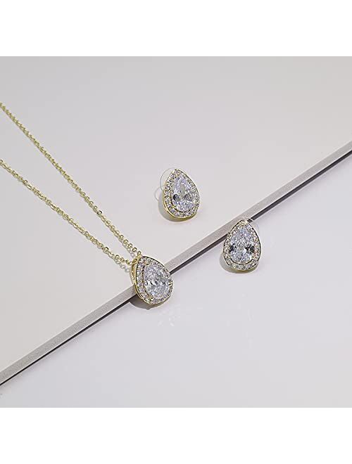 UDYLGOON CZ Teardrop Earrings Necklace Bracelet Jewelry Set For Bridesmaids Bridal Party Prom