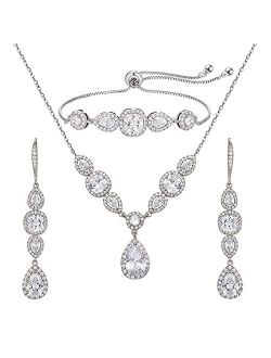 SWEETV 3 Pack Cubic Zirconia Bridal Jewelry Sets for Wedding, Crystal Necklace Dangle Earring Bracelet Jewelry Sets for Women, Prom Costume Jewelry Gifts
