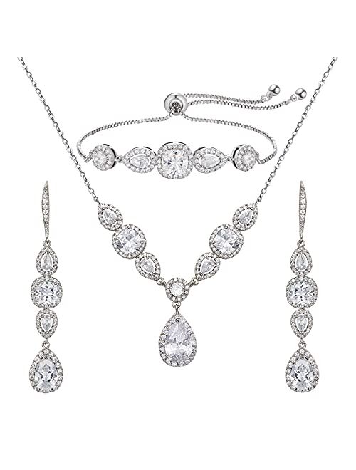 SWEETV 3 Pack Cubic Zirconia Bridal Jewelry Sets for Wedding, Crystal Necklace Dangle Earring Bracelet Jewelry Sets for Women, Prom Costume Jewelry Gifts
