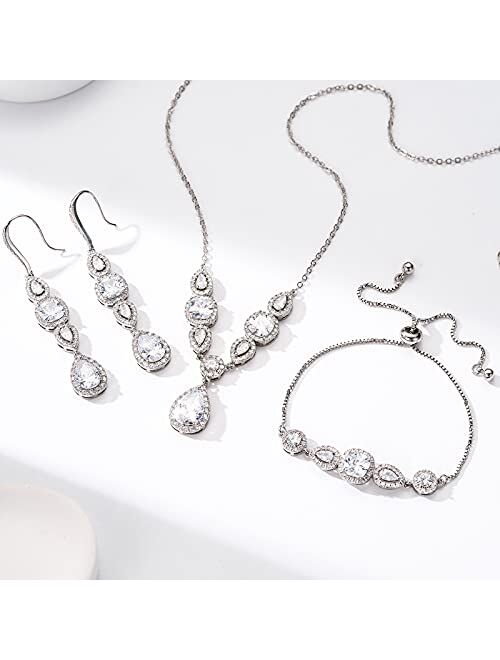 SWEETV 3 Pack Cubic Zirconia Bridal Jewelry Sets for Wedding, Crystal Necklace Dangle Earring Bracelet Jewelry Sets for Women, Prom Costume Jewelry Gifts