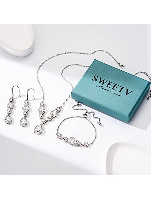 SWEETV 3 Pack Cubic Zirconia Bridal Jewelry Sets for Wedding, Crystal Necklace Dangle Earring Bracelet Jewelry Sets for Women, Prom Costume Jewelry Gifts