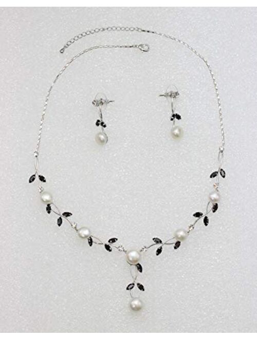 Faship Gorgeous CZ Crystal Freshwater Pearls Floral Necklace Earrings Set