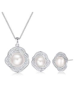 CDE Freshwater Pearl Jewelry Set for Wedding Anniversary 925 Sterling Silver Rose-Shaped Pearl Necklace and Earring with Cubic Zirconia Valentine's Day Jewelry Gift Birth