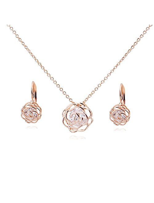 Crystalline Azuria Rose Gold Crystal Roses Flowers Necklace and Earrings Set for Women Wedding Party Bridal Bridesmaid Accessories