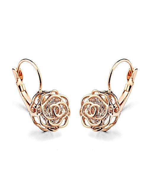 Crystalline Azuria Rose Gold Crystal Roses Flowers Necklace and Earrings Set for Women Wedding Party Bridal Bridesmaid Accessories
