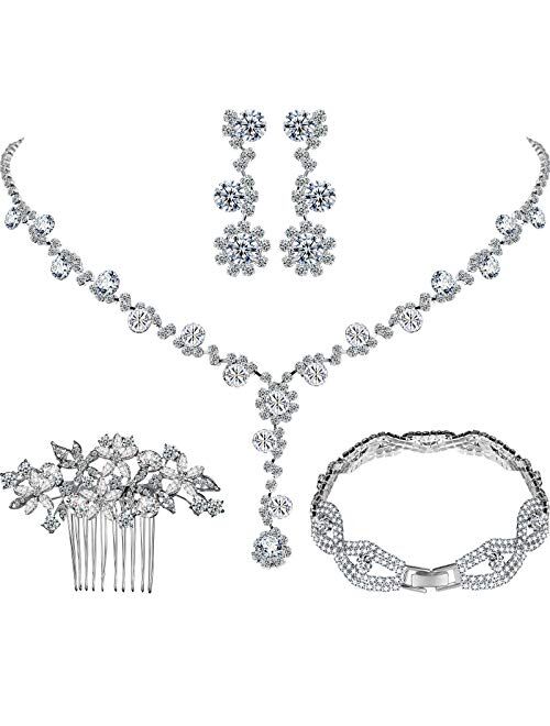 Yaomiao Wedding Necklace Bridal Jewelry Hair Clip Comb Rhinestone Bridesmaid Jewelry Sets, Silver Crystal Earrings Bracelet for Women Girls Bride Wedding Hair Accessories