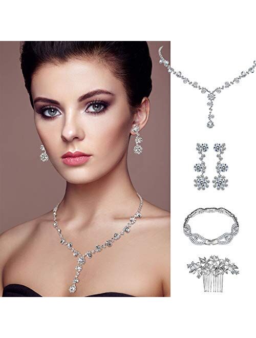 Yaomiao Wedding Necklace Bridal Jewelry Hair Clip Comb Rhinestone Bridesmaid Jewelry Sets, Silver Crystal Earrings Bracelet for Women Girls Bride Wedding Hair Accessories