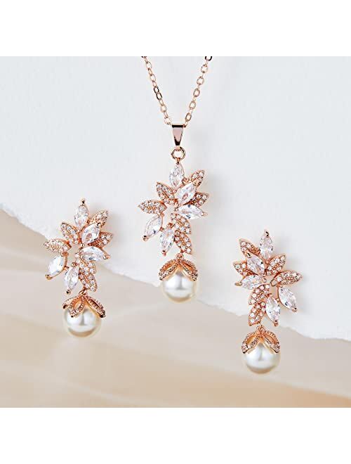 AW BRIDAL Bridal Necklace and Earrings Set Cubic Zirconia Pierced Bridal Earrings for Women Pearl Wedding Necklace Jewelry Set for Brides Bridesmaid