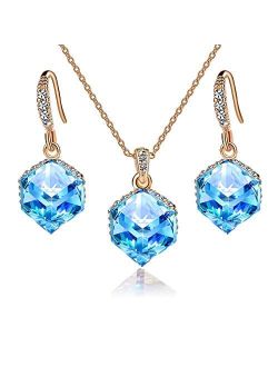 EVEVIC Colorful Cubic Austrian Crystal Pendant Necklace Earrings for Women 14K Gold Plated Hypoallergenic Jewelry Set