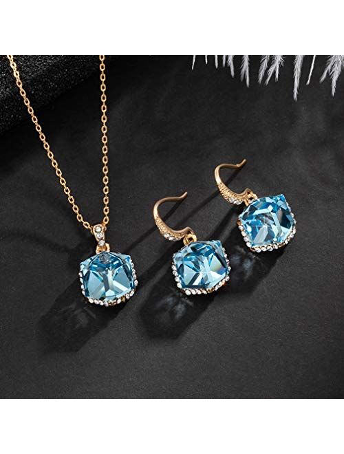 EVEVIC Colorful Cubic Austrian Crystal Pendant Necklace Earrings for Women 14K Gold Plated Hypoallergenic Jewelry Set