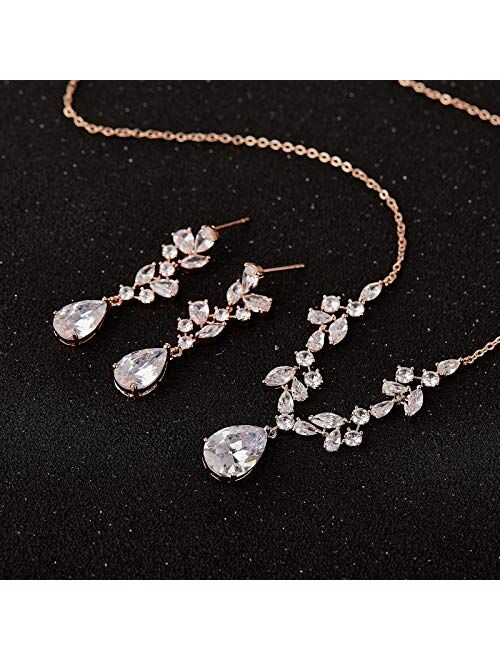 SWEETV Wedding Jewelry Sets for Brides Bridesmaid Women, CZ Marquise Teardrop Bridal Necklace Earrings Set Wedding Prom Costume Jewelry Gifts