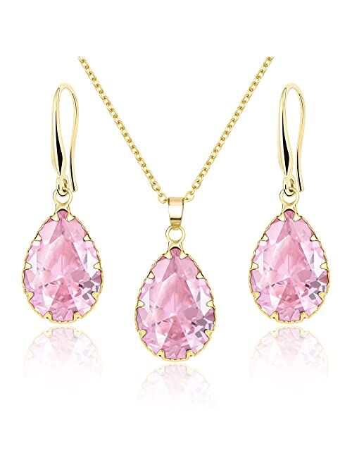 Jertom Austrian Crystal Jewelry Set 14k Gold Teardrop Pendant Necklace and Pear Shape Dangle Earrings Bridal Wedding Collections for Women Bride Bridesmaid Prom